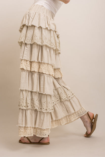 BlueVelvet Taupe Tiered Lace Ruffle Pants