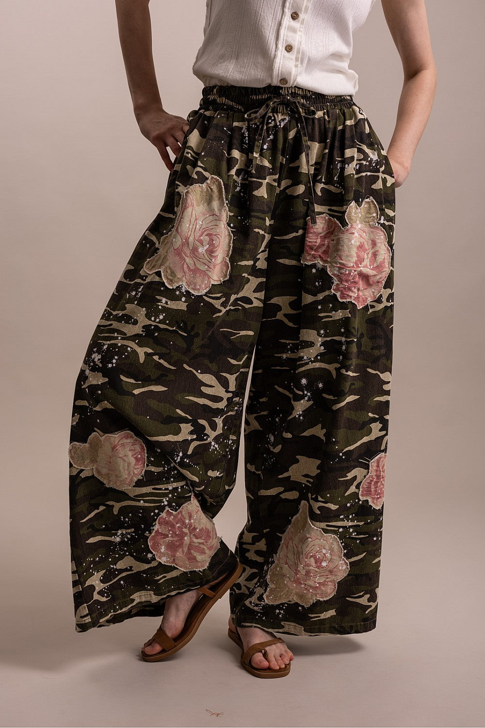 Blue Velvet Camo Print Flower Wide Leg Pants