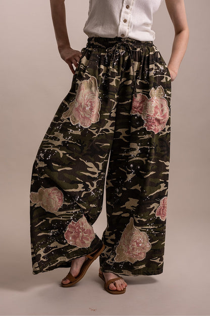 Blue Velvet Camo Print Flower Wide Leg Pants