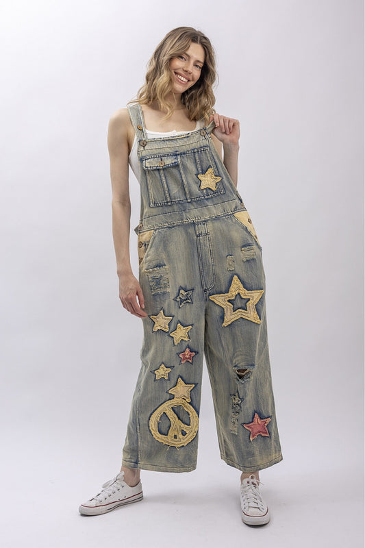 Blue Velvet Star Patchwork Overalls