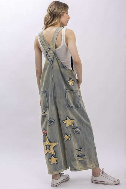 Blue Velvet Star Patchwork Overalls