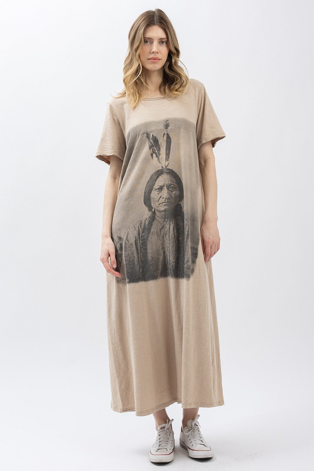 BlueVelvet Indian Print Washed Short Sleeve Long Dress Mushroom