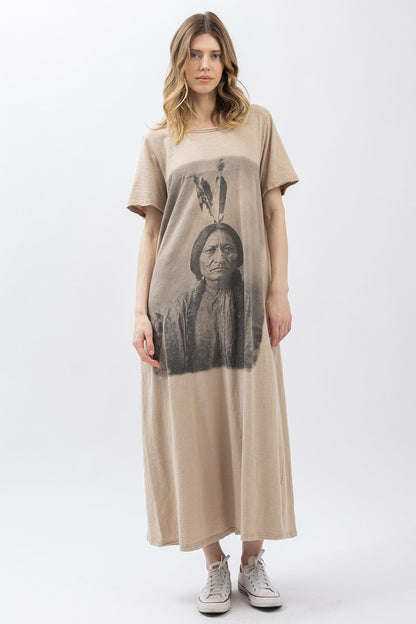 BlueVelvet Indian Print Washed Short Sleeve Long Dress Mushroom