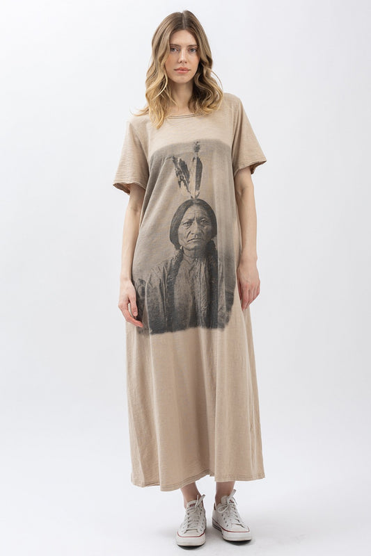 BlueVelvet Indian Print Washed Short Sleeve Long Dress Mushroom