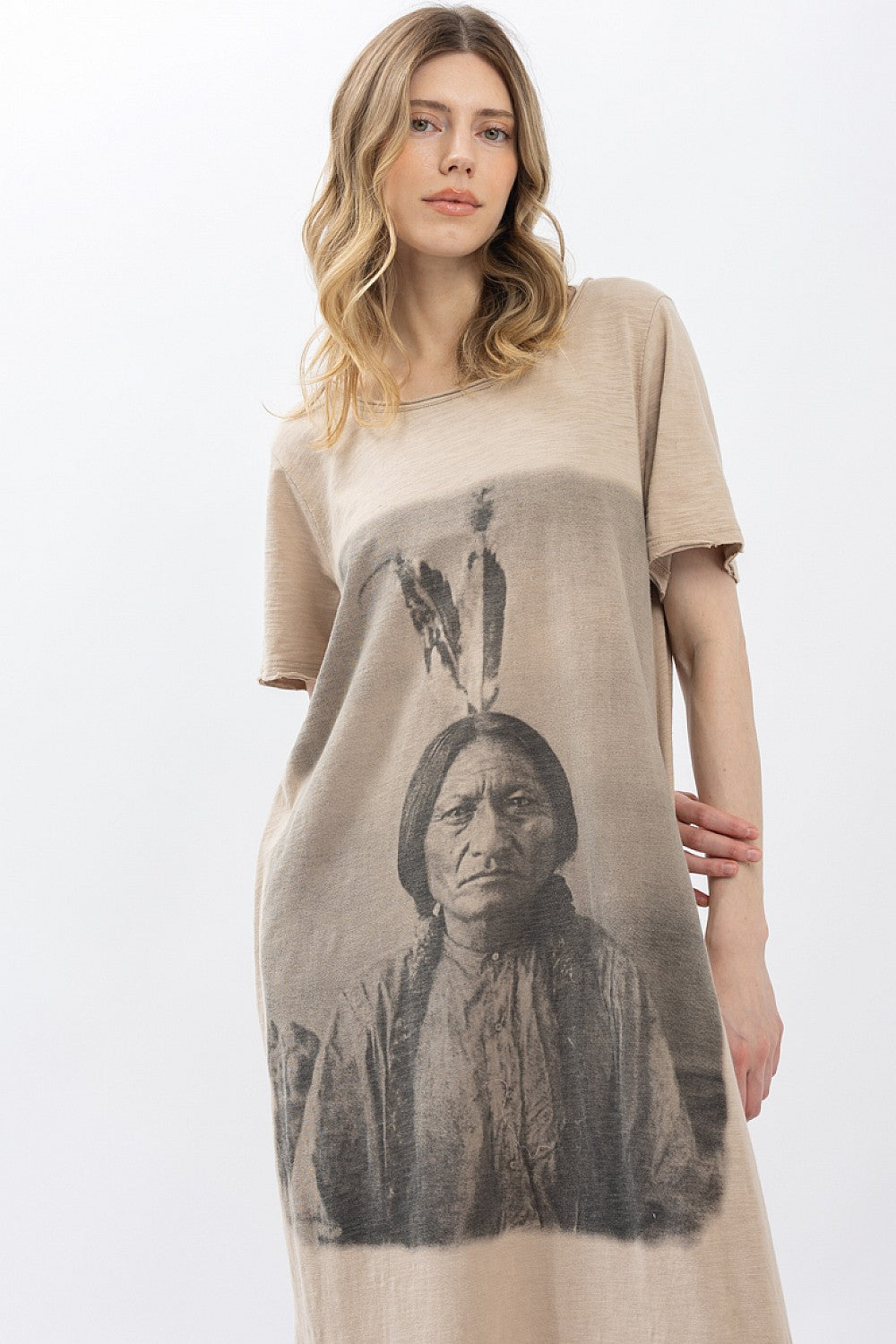 BlueVelvet Indian Print Washed Short Sleeve Long Dress Mushroom