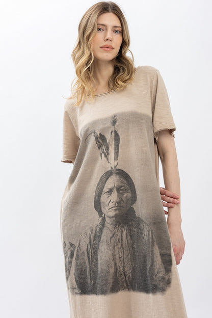 BlueVelvet Indian Print Washed Short Sleeve Long Dress Mushroom