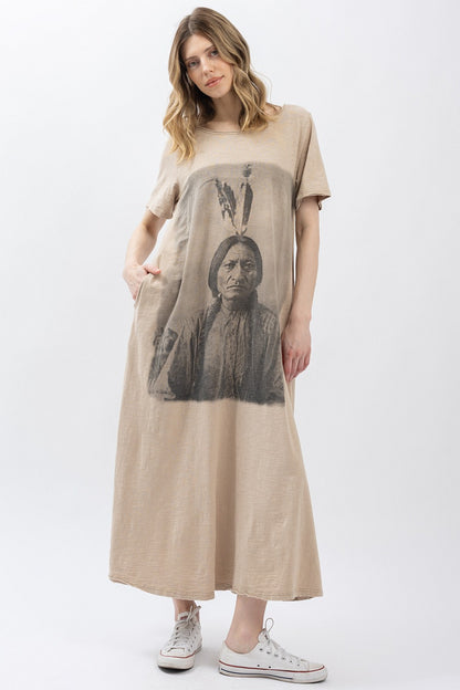 BlueVelvet Indian Print Washed Short Sleeve Long Dress Mushroom