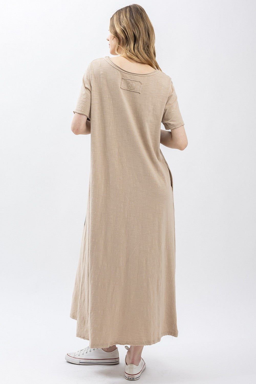 BlueVelvet Indian Print Washed Short Sleeve Long Dress Mushroom
