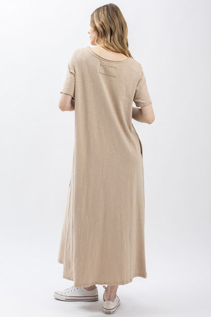 BlueVelvet Indian Print Washed Short Sleeve Long Dress Mushroom