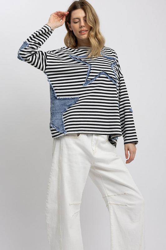 Blue Velvet Black and White Stripe Star Denim Patchwork