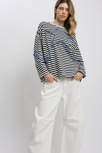 Blue Velvet Black and White Stripe Star Denim Patchwork