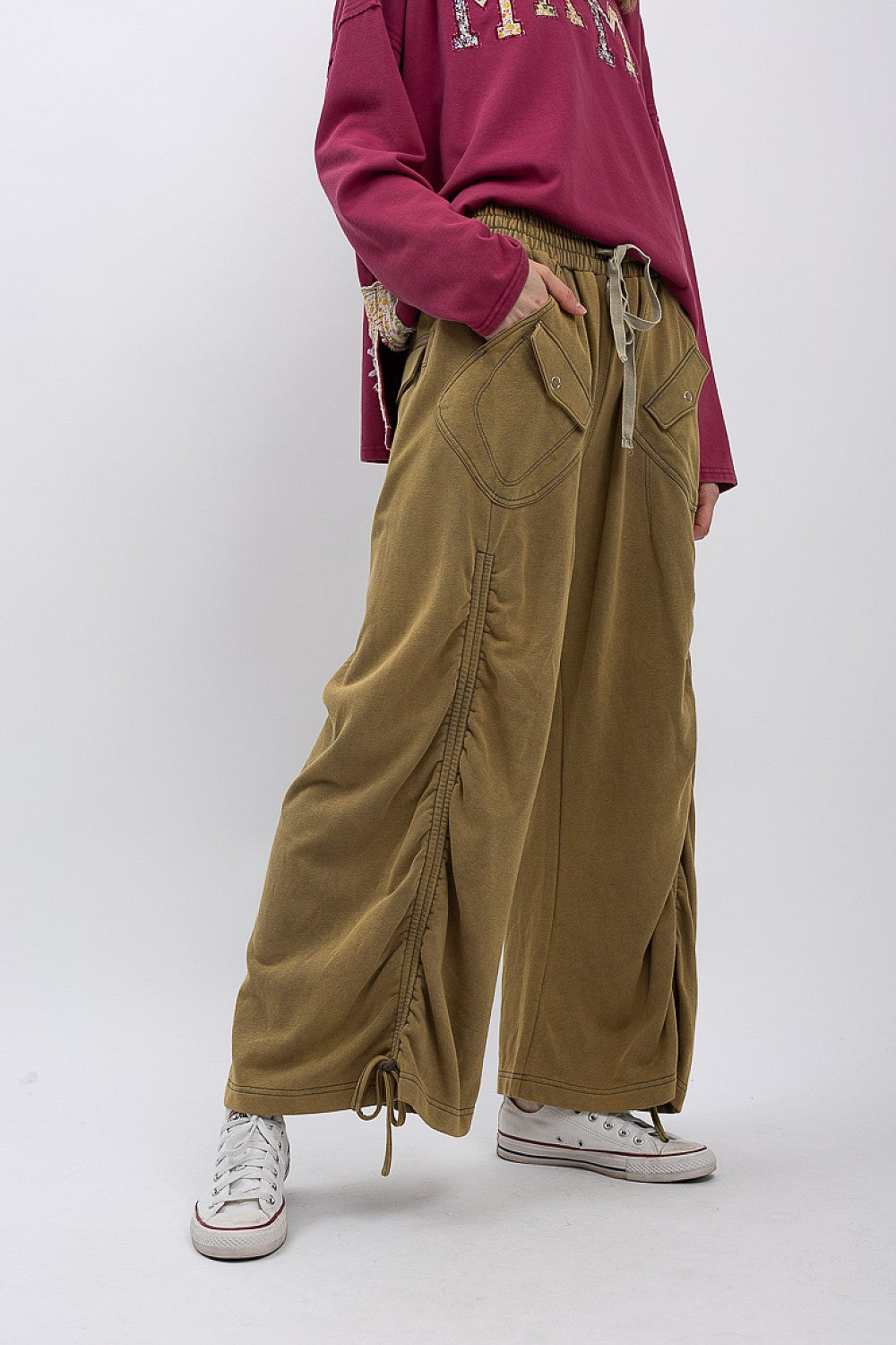 BlueVelvet Olive Cargo Pocket Ruched Pants