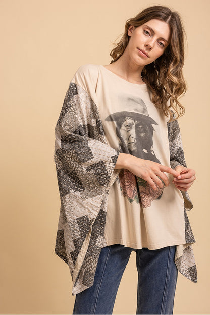 Blue Velvet Native American Print Quilted Sleeve Poncho Top