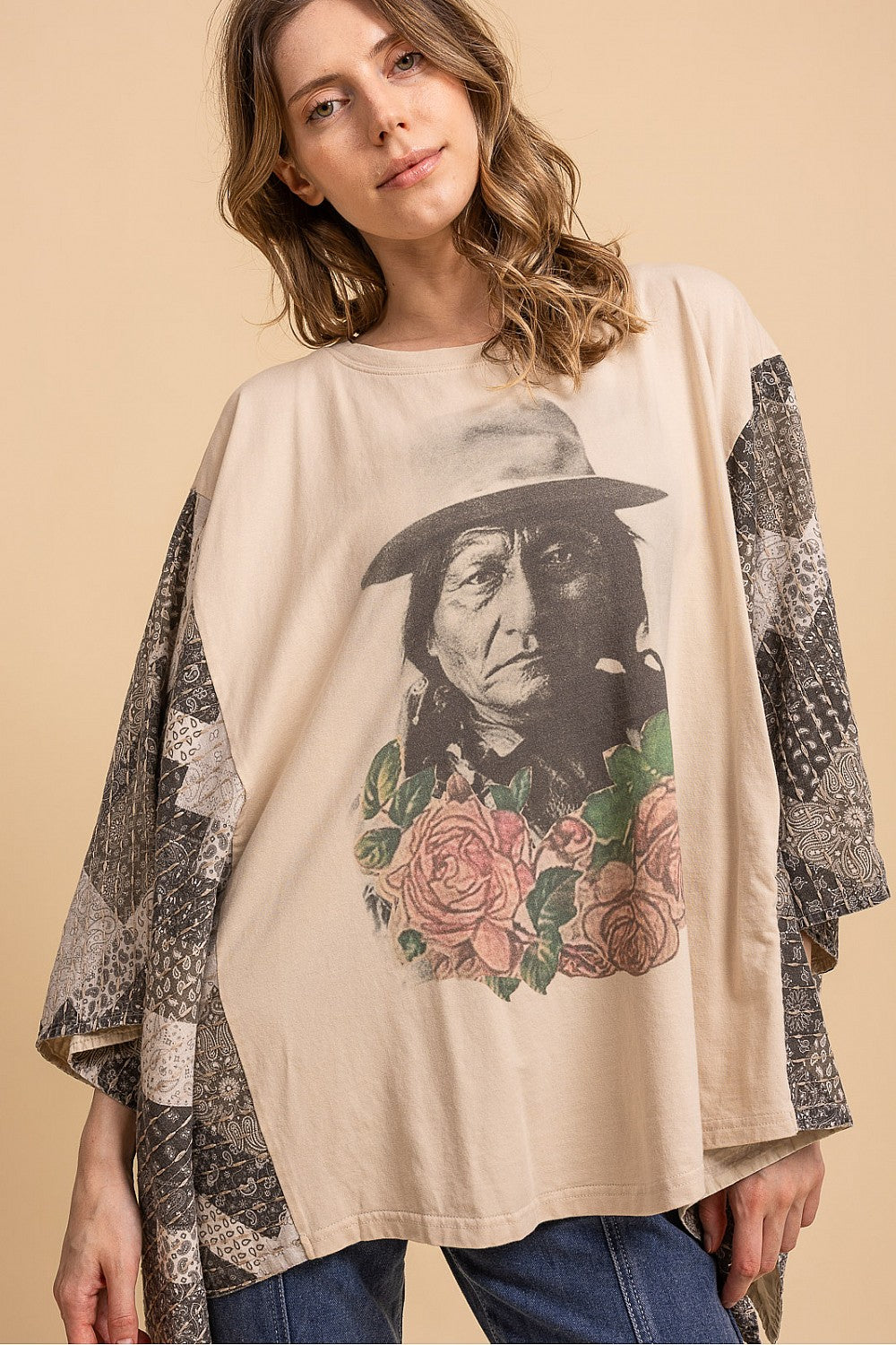 Blue Velvet Native American Print Quilted Sleeve Poncho Top