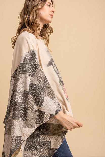 Blue Velvet Native American Print Quilted Sleeve Poncho Top