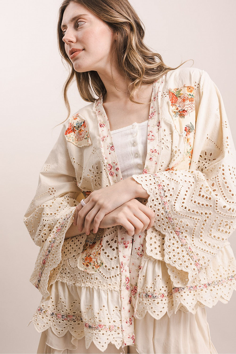 BlueVelvet Floral Patch Eyelet Cardigan