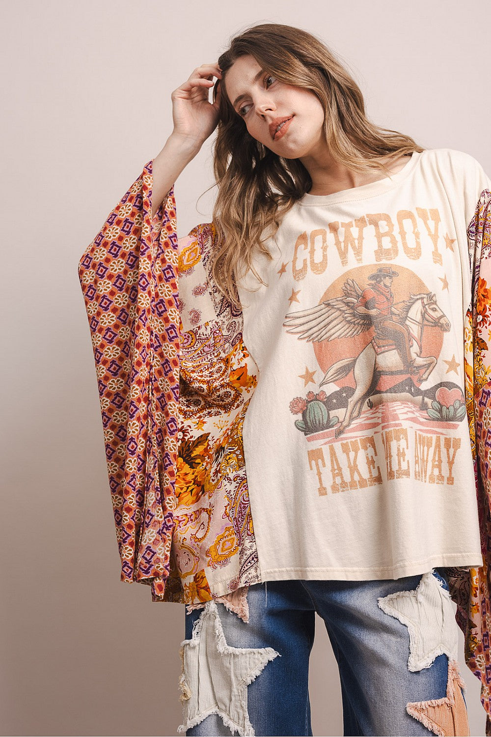 Blue Velvet White Cowboy Graphic Poncho Top