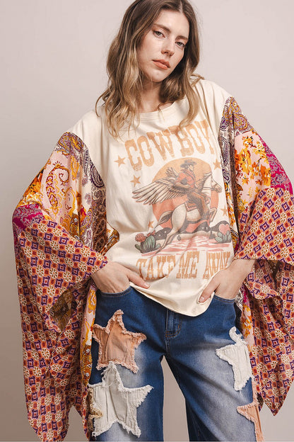 Blue Velvet White Cowboy Graphic Poncho Top