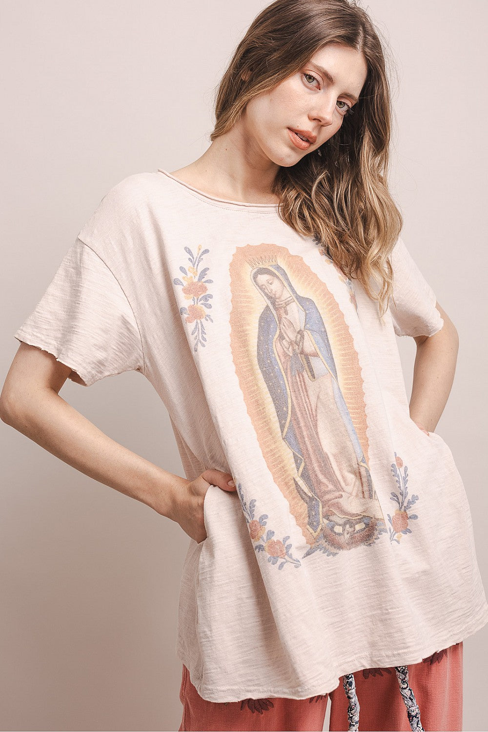 Blue Velvet Lt Beige Virgin Mary Print Top