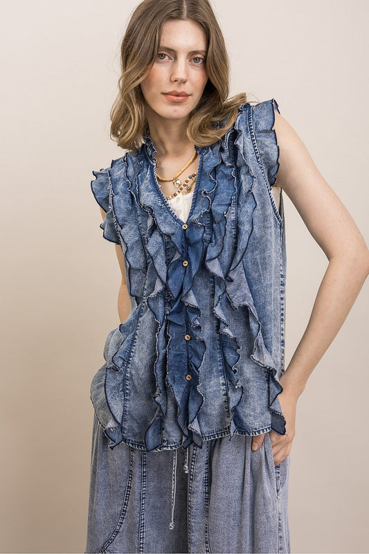 BlueVelvet Denim Sleeveless Ruffle Top