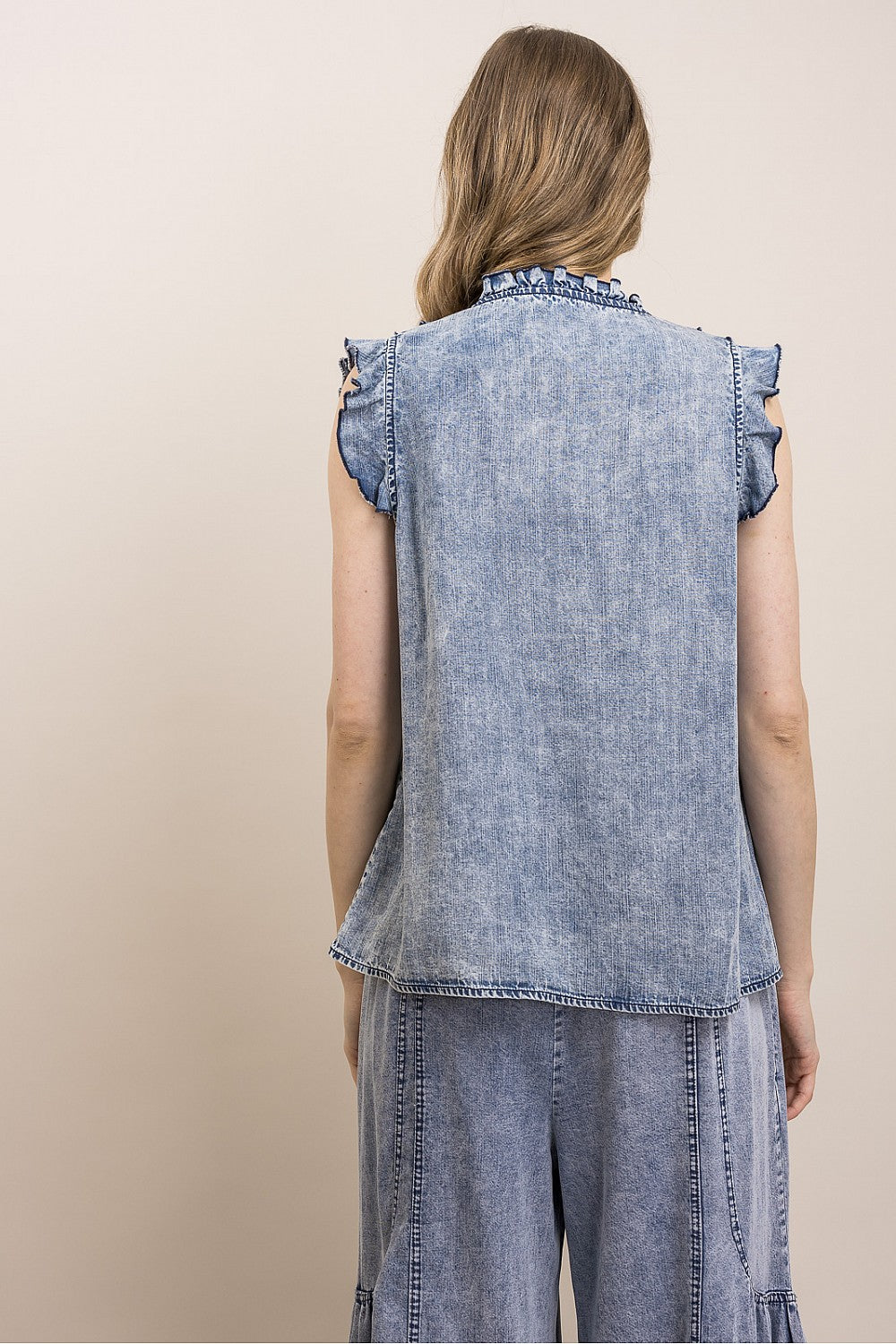 BlueVelvet Denim Sleeveless Ruffle Top
