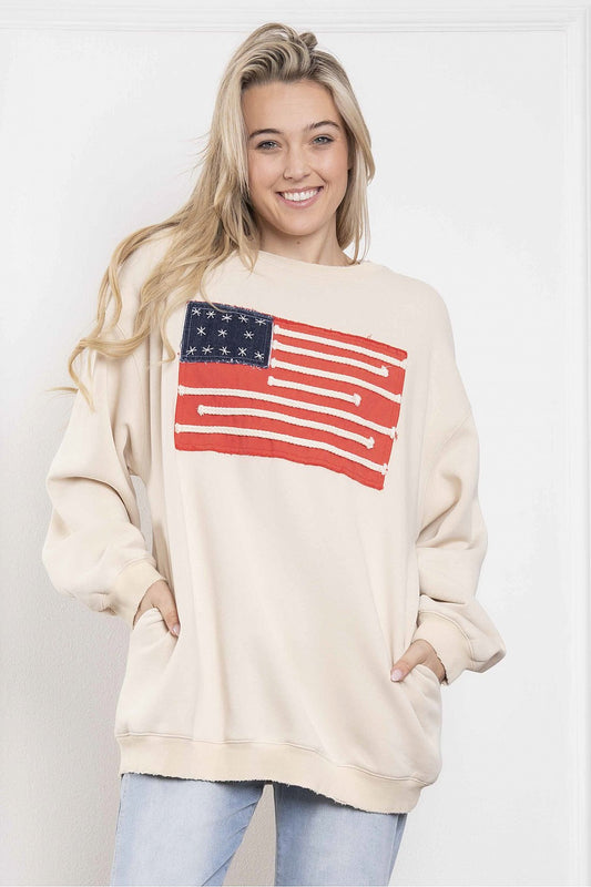 Blue Velvet USA Flag Patchwork Sweatshirt Beige