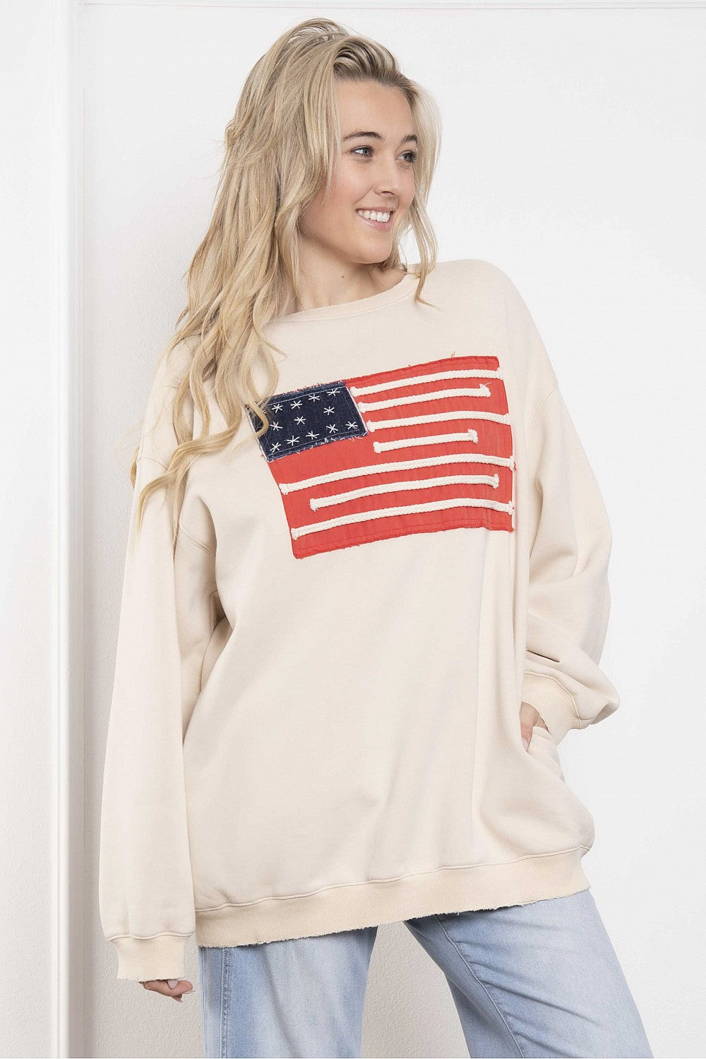 Blue Velvet USA Flag Patchwork Sweatshirt Beige
