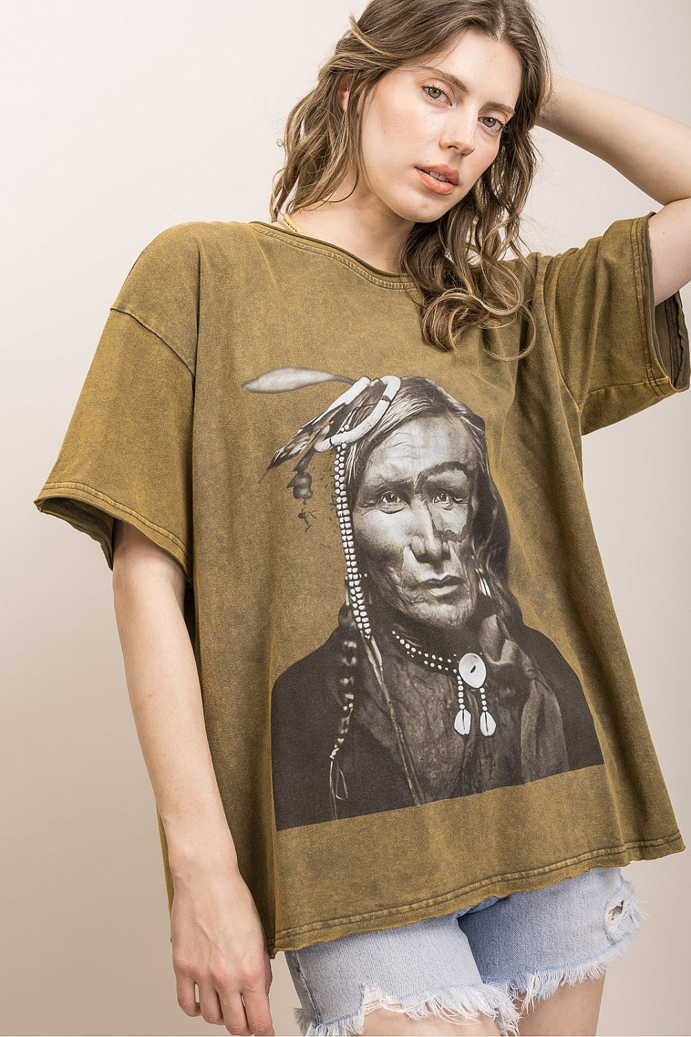 Blue Velvet Indian Print Short Sleeve T-Shirt Olive