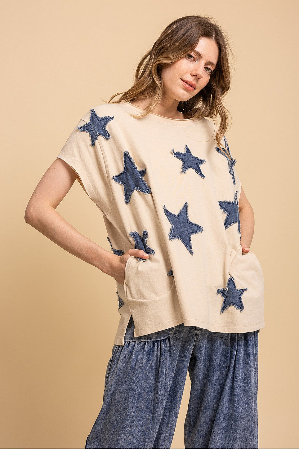 Blue Velvet Denim Star Patch Top