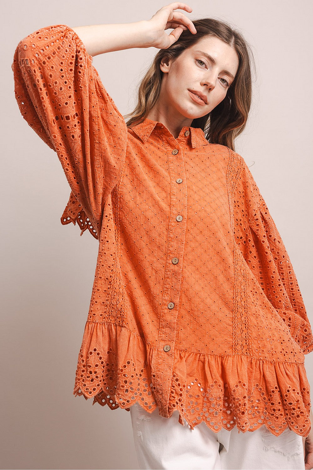 BlueVelvet Coral Eyelet Ruffle Top
