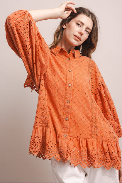 BlueVelvet Coral Eyelet Ruffle Top