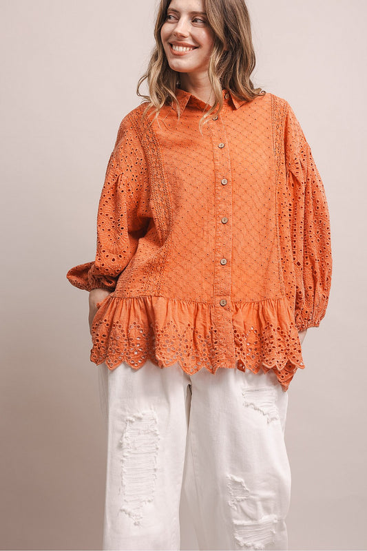 BlueVelvet Coral Eyelet Ruffle Top