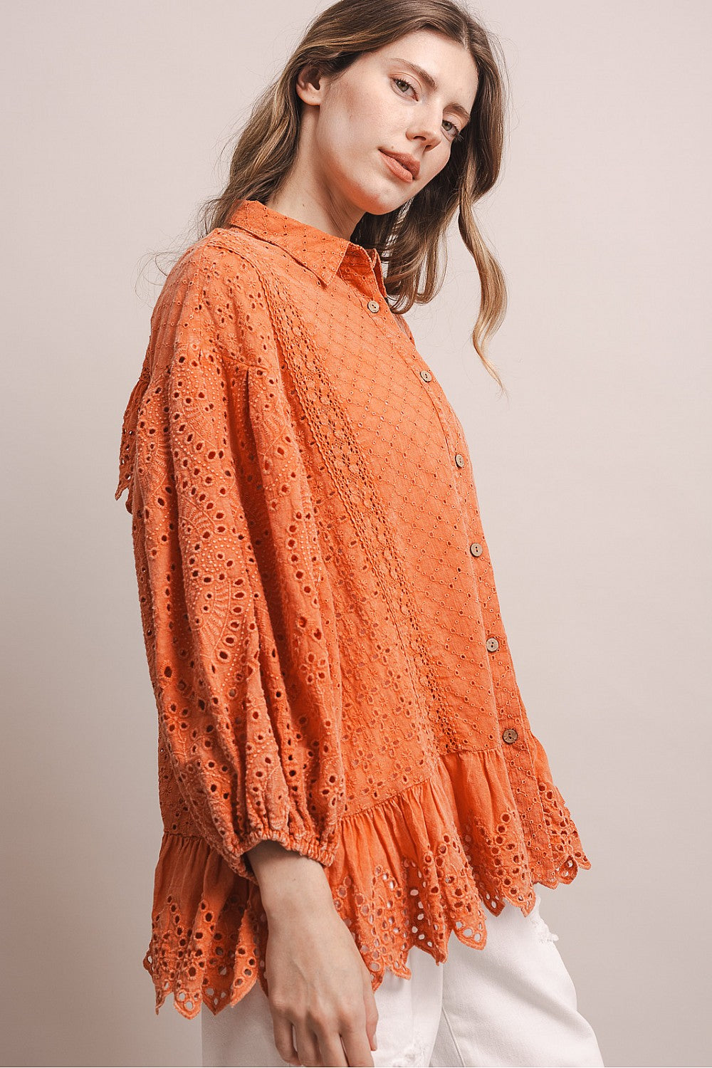 BlueVelvet Coral Eyelet Ruffle Top