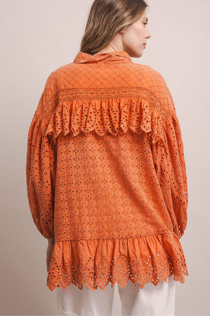 BlueVelvet Coral Eyelet Ruffle Top