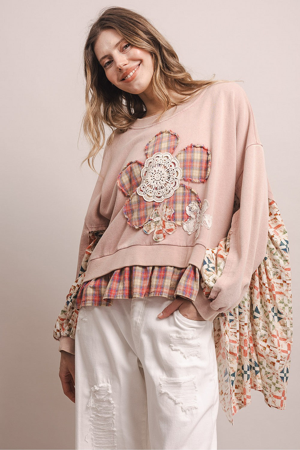 BlueVelvet Dusty Pink Flower Patch Plaid Sweatshirt