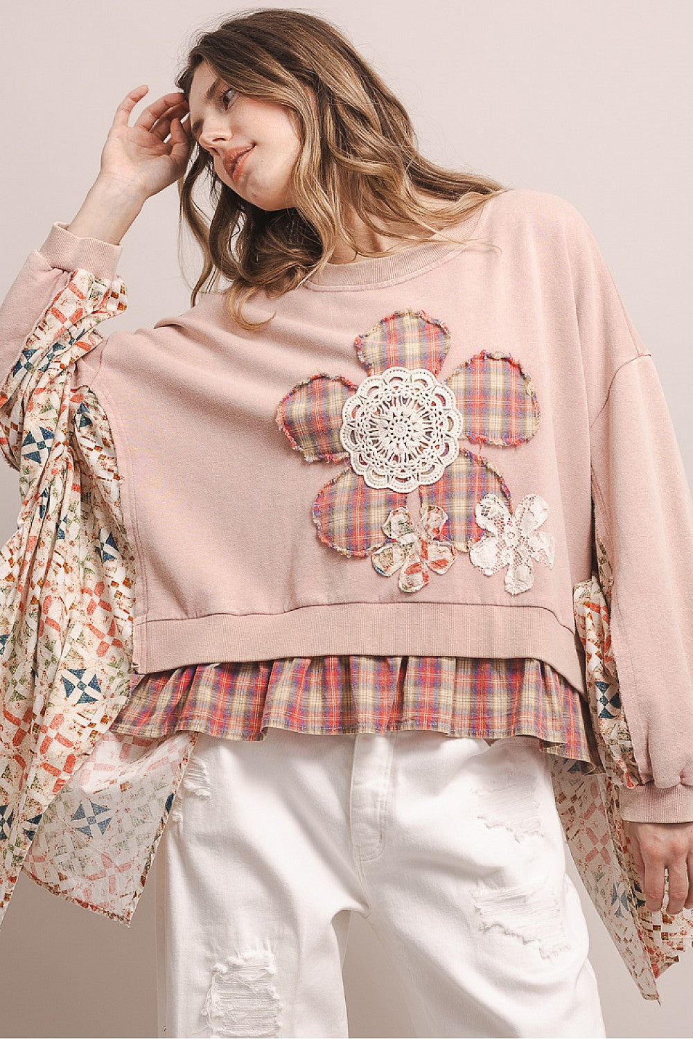 BlueVelvet Dusty Pink Flower Patch Plaid Sweatshirt