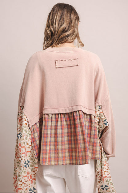 BlueVelvet Dusty Pink Flower Patch Plaid Sweatshirt