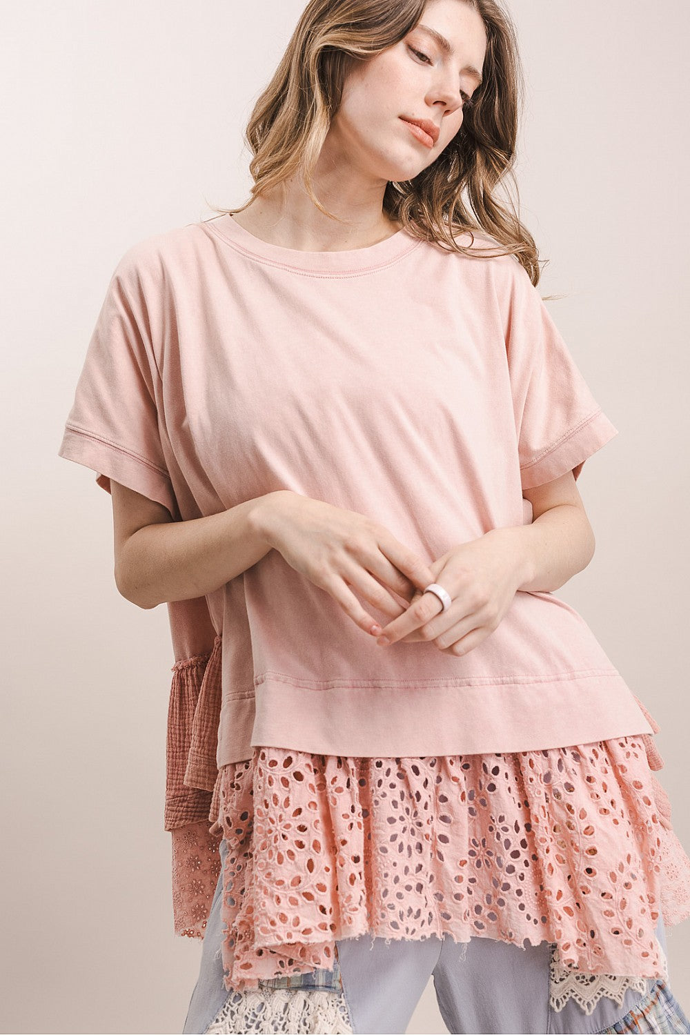 BlueVelvet Pink Short Sleeve Layered Eyelet Top
