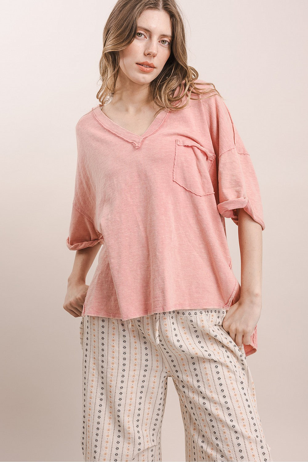 BlueVelvet Pink Coral V-Neck Top