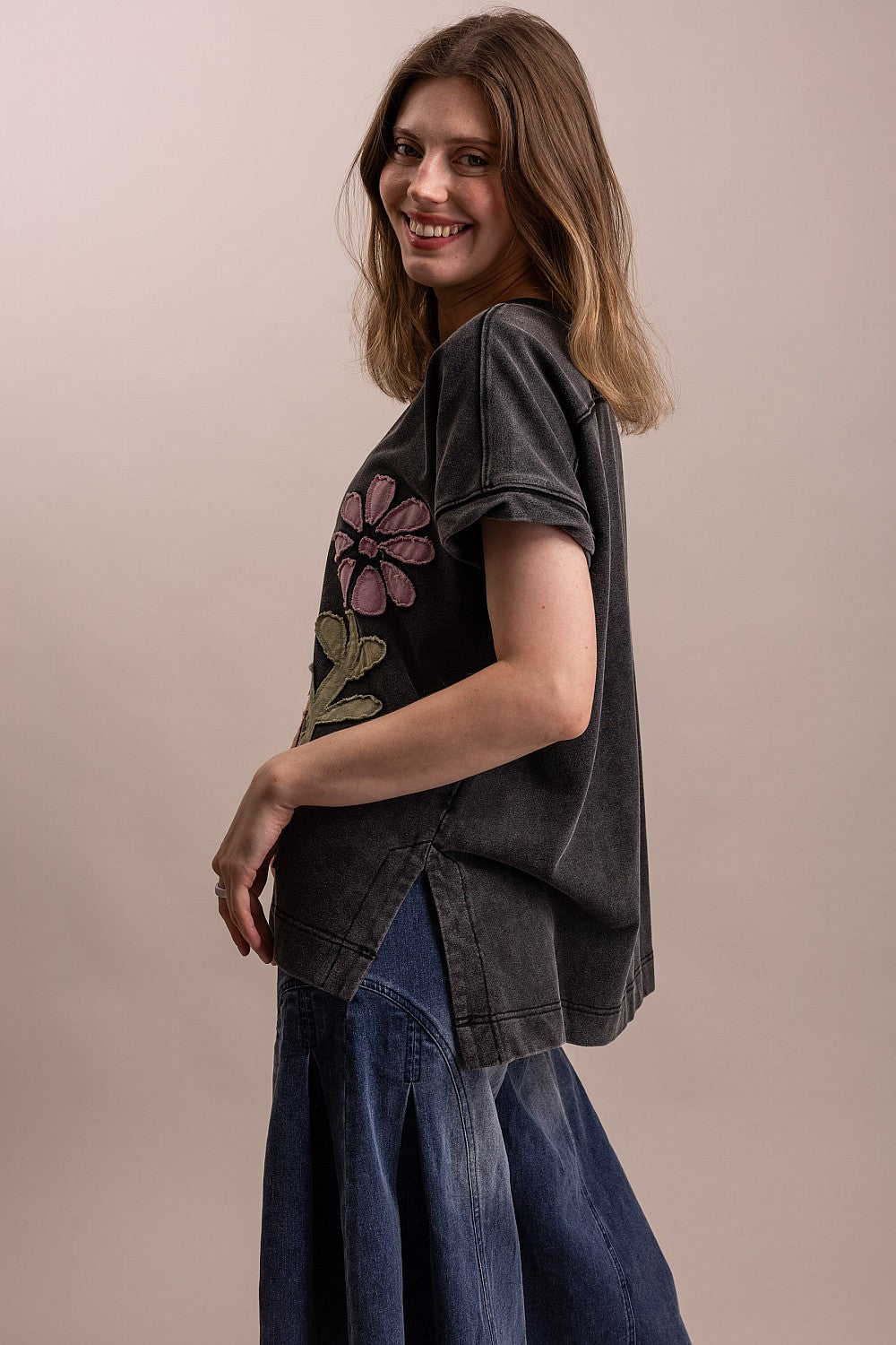 BlueVelvet Black Flower Patch Top