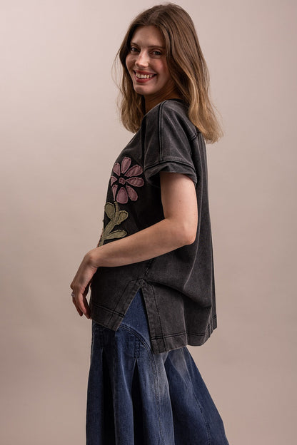 BlueVelvet Black Flower Patch Top