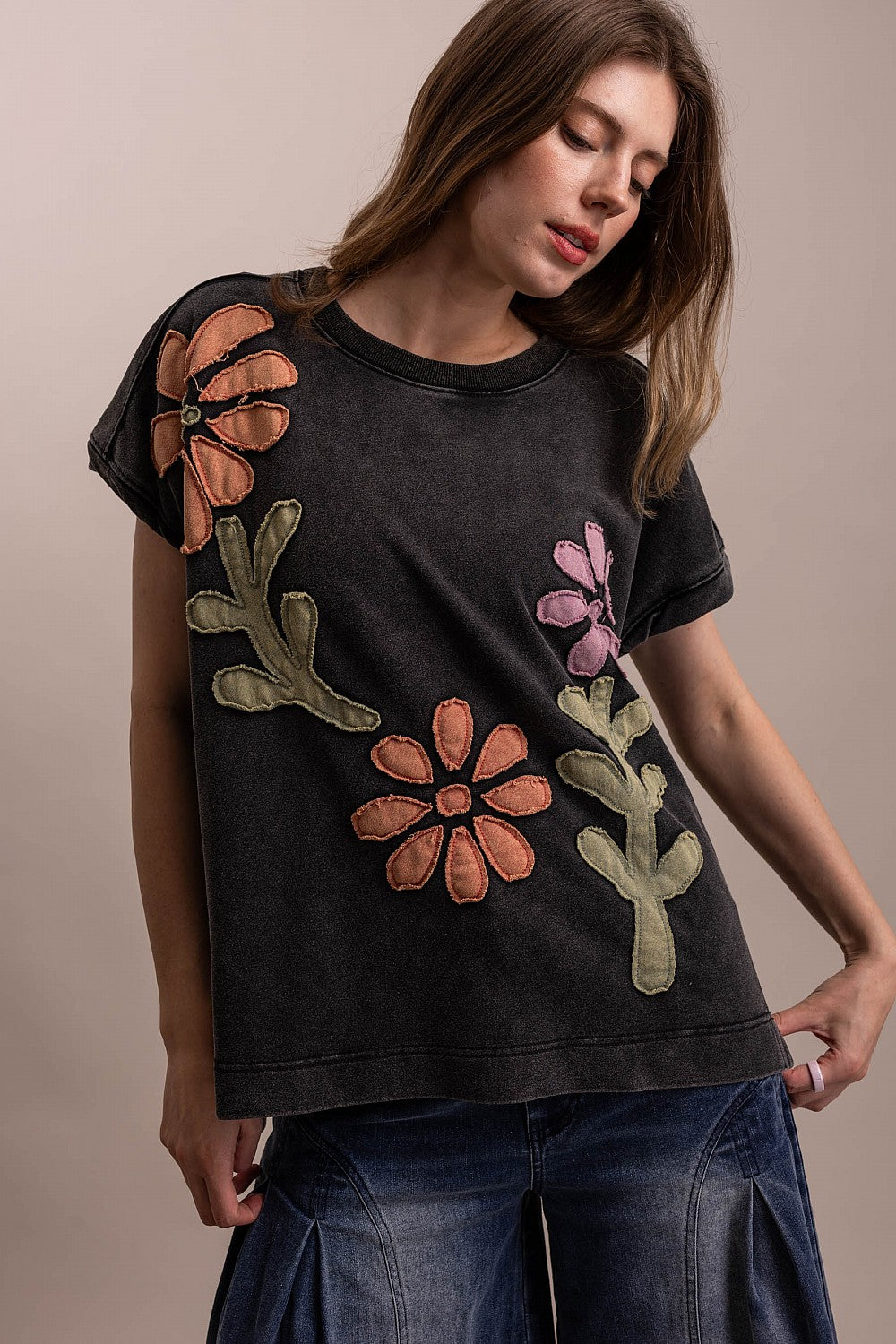 BlueVelvet Black Flower Patch Top