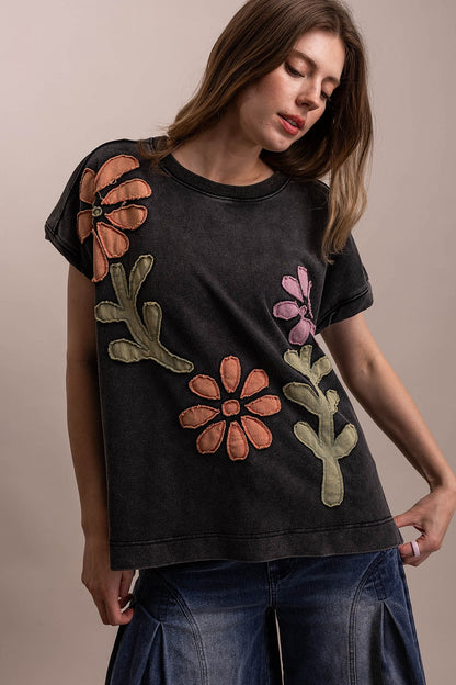 BlueVelvet Black Flower Patch Top