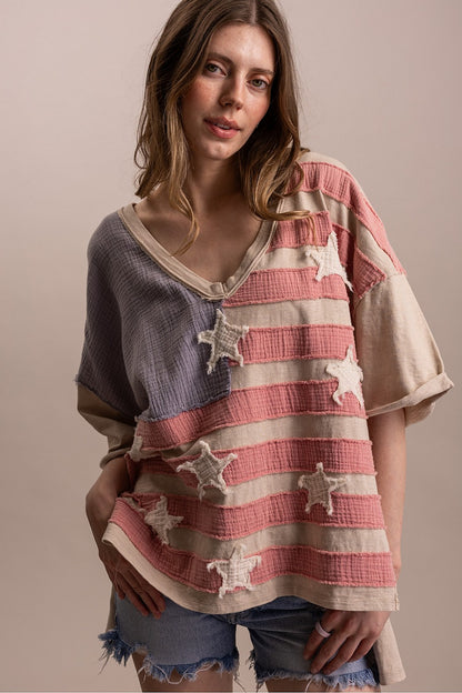 BlueVelvet Taupe American Flag Top