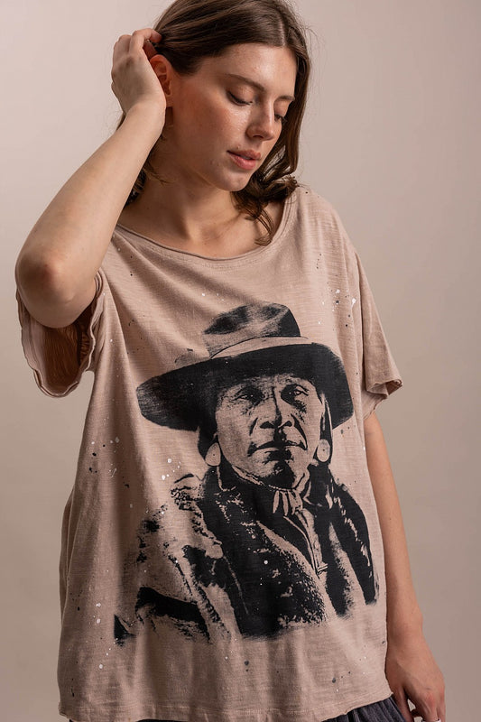 BlueVelvet Taupe Native American Print T-Shirt