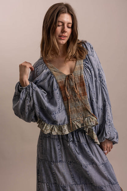 BlueVelvet Denim Plaid Ruffle Hem Top