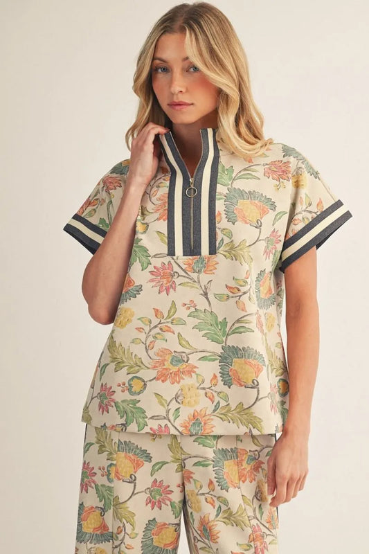 Floral Oatmeal Zip Up Top