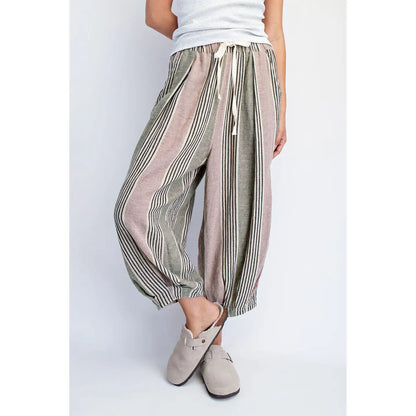 Olive Stripe Linen-Blend Balloon Pants