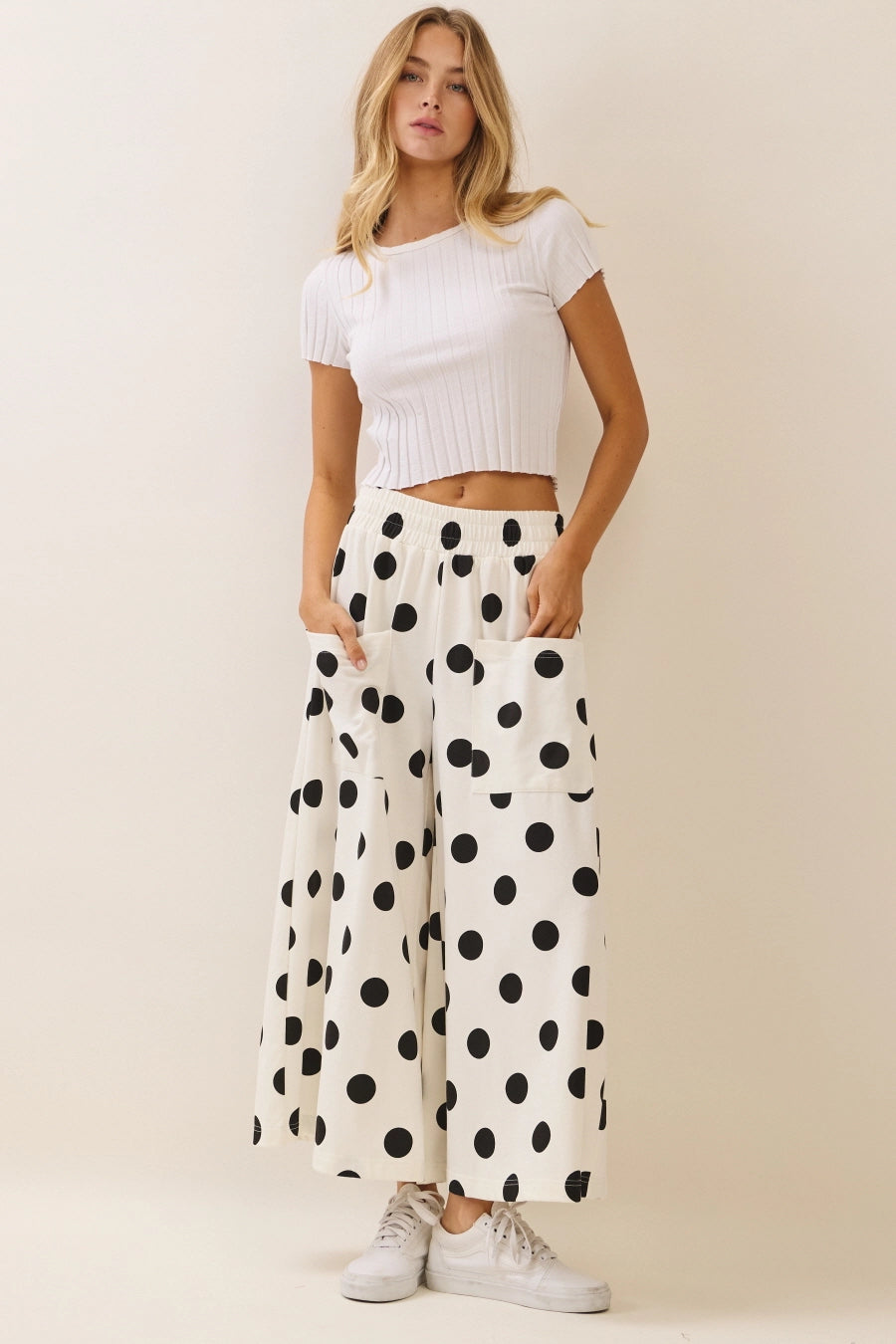 White Polka Dot Pull-On Pants