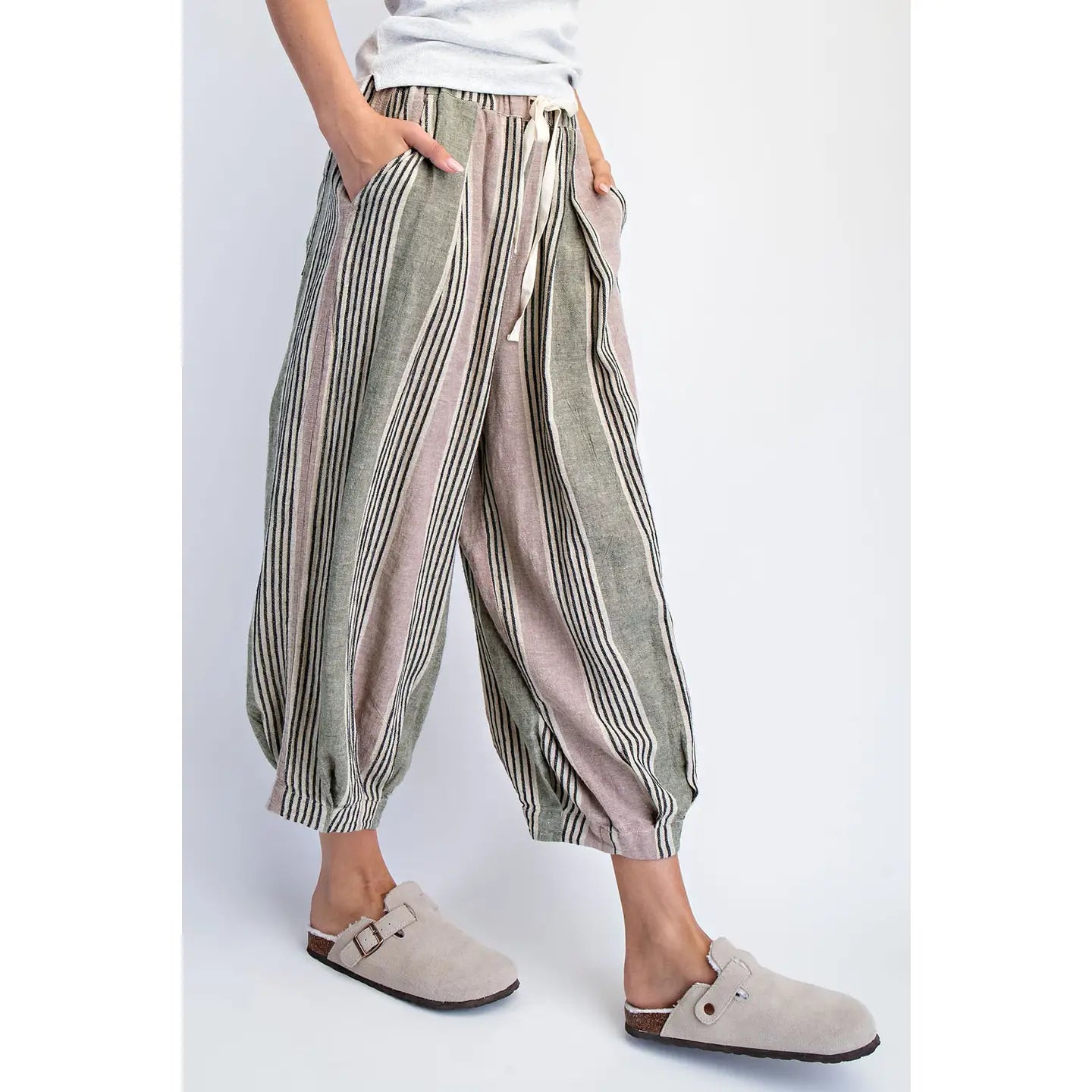 Olive Stripe Linen-Blend Balloon Pants